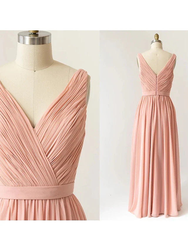 A-Line Bridesmaid Dress V Neck Sleeveless Open Back Floor Length Chiffon with Pleats