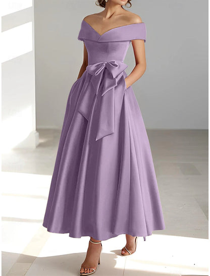 A-Line Cocktail Dresses Elegant Dress Wedding Guest Kentucky Derby Tea Length Short Sleeve Off Shoulder Pocket Satin with Bow(s)