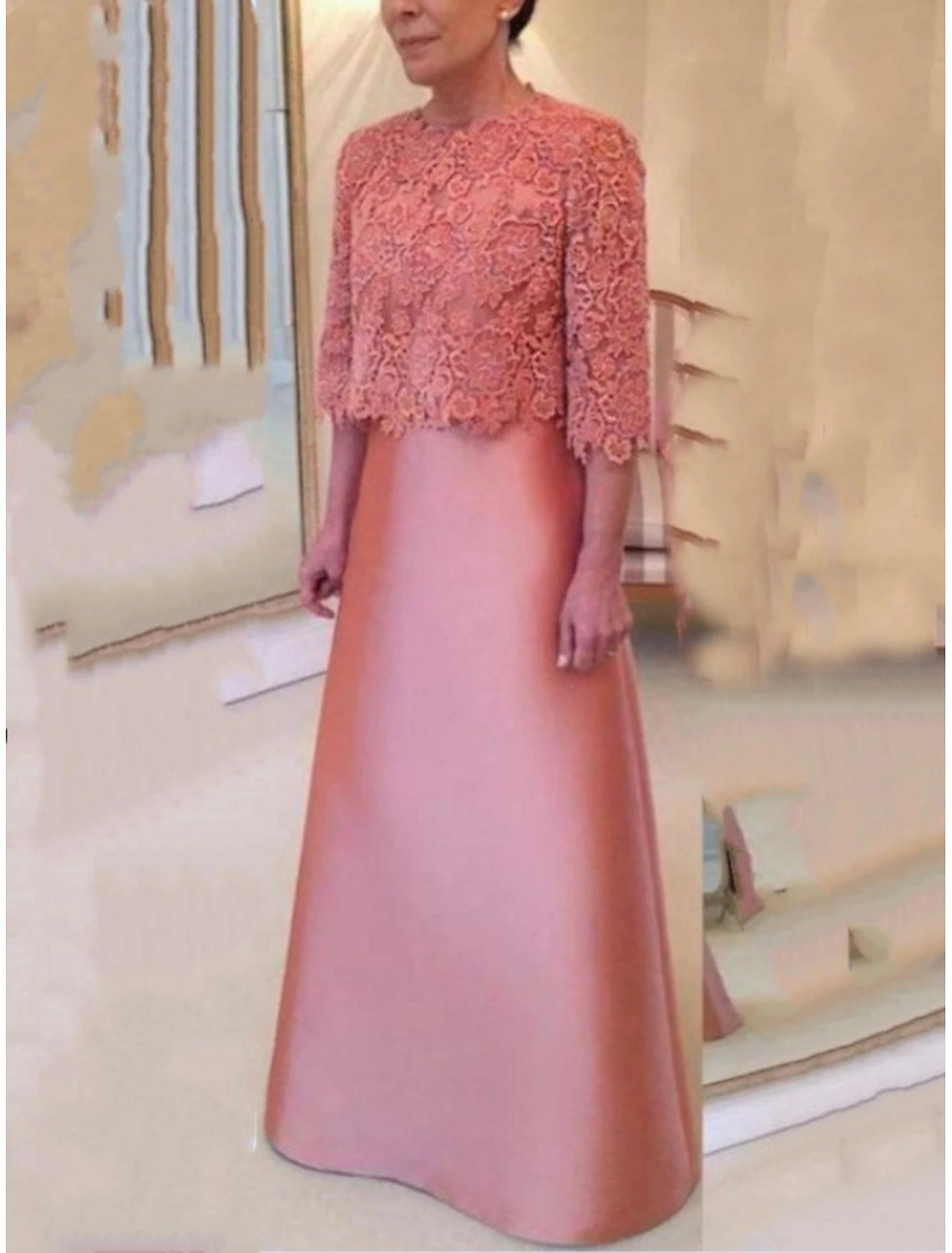 Plus Size Wedding Guest Party Dress Jewel Neck Floor Length Satin Lace 3/4 Length Sleeve Mother of the Bride Dress with Bow