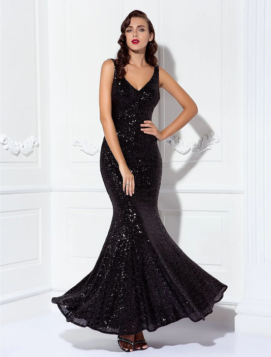 Sheath / Column Elegant Dress Wedding Guest Floor Length Sleeveless V Neck Sequined V Back with Sequin