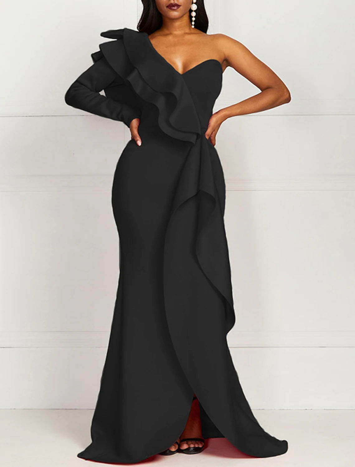 Mermaid Black Floor Length Evening Gown Long Sleeve One Shoulder Wedding Guest Stretch Fabric with Ruffles