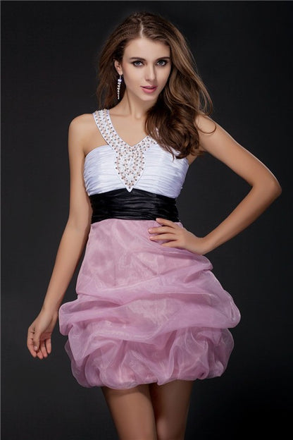 Ball Gown V-neck Sleeveless Short Beading Sash Organza Elastic Woven Satin Cocktail Dresses