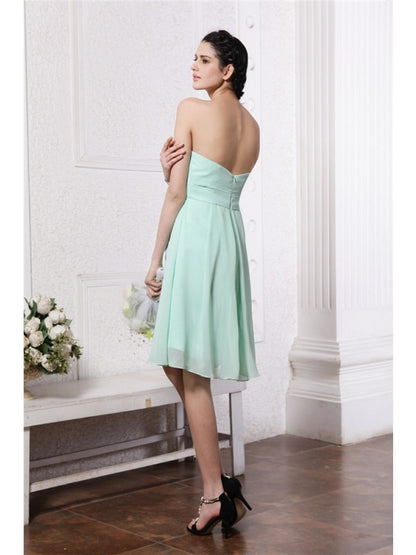 Sheath/Column Strapless Sleeveless Pleats Short Chiffon Bridesmaid Dresses