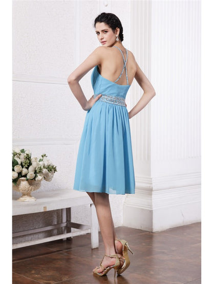 Sheath/Column Halter Sleeveless Beading Pleats Short Chiffon Bridesmaid Dresses