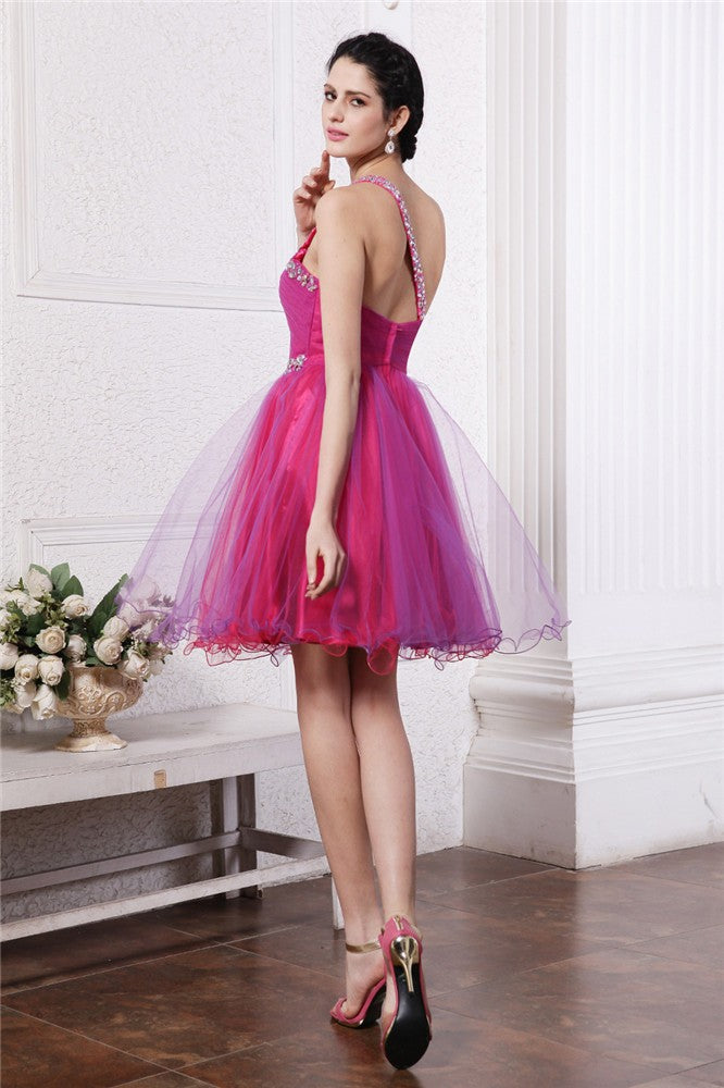 A-Line/Princess One-Shoulder Sleeveless Beading Short Organza Cocktail Dresses