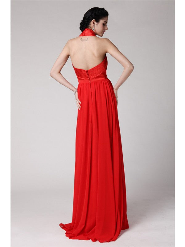 Sheath/Column Halter Sleeveless Pleats Long Elastic Woven Satin Chiffon Bridesmaid Dresses