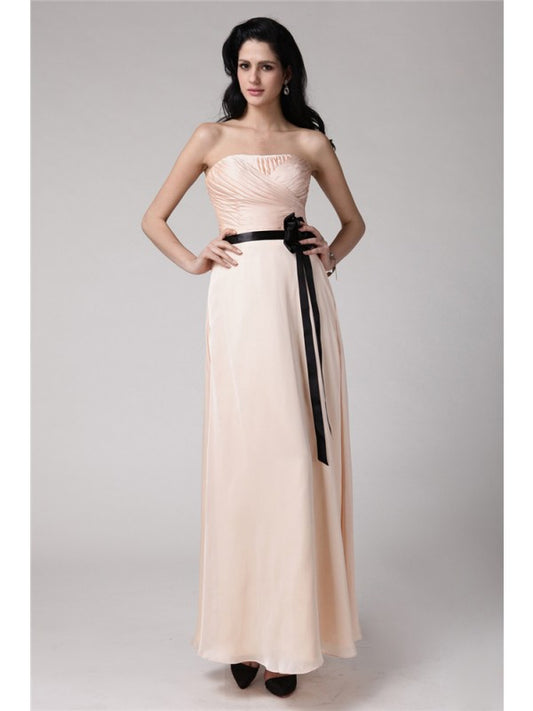 Sheath/Column Strapless Sleeveless Sash Elastic Woven Satin Chiffon Bridesmaid Dresses