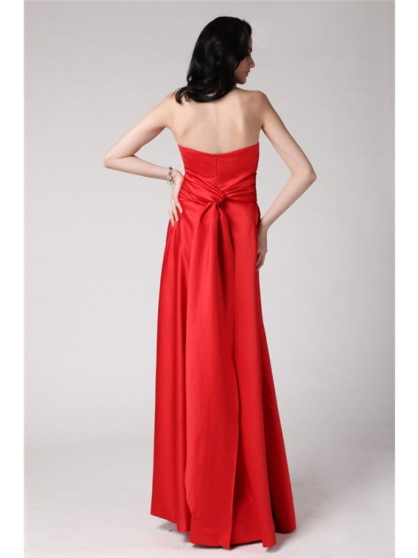 A-Line/Princess Strapless Sleeveless Pleats Long Elastic Woven Satin Bridesmaid Dresses