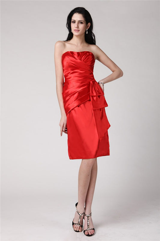 Sheath/Column Strapless Sleeveless Pleats Short Elastic Woven Satin Cocktail Dresses