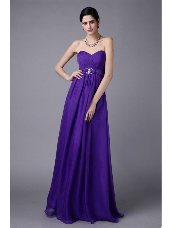 A-Line/Princess Sweetheart Sleeveless Beading Pleats Long Chiffon Bridesmaid Dresses