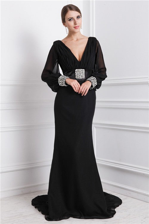 Trumpet/Mermaid V-neck Long Sleeves Beading Long Chiffon Dresses