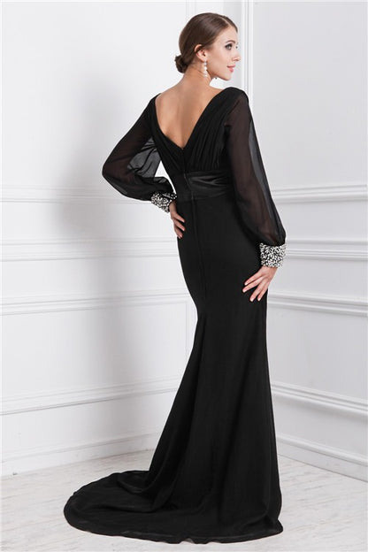 Trumpet/Mermaid V-neck Long Sleeves Beading Long Chiffon Dresses