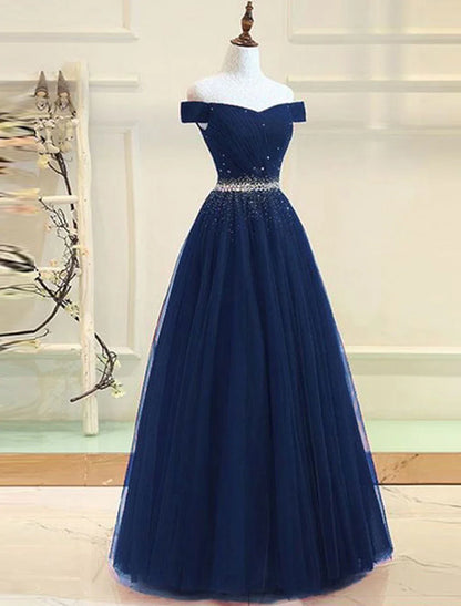 A-Line Evening Gown Party Dress Party Wear Floor Length Short Sleeve One Shoulder Tulle with Beading