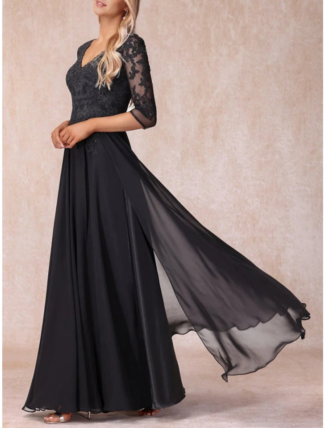 A-Line  V Neck Floor Length Wedding Guest Party Dress Chiffon Lace 3/4 Length Sleeve Mother of the Bride Dress with Ruching