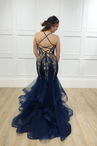 Sheath Mermaid Tiered Spaghetti Straps V Neck Tulle Brush Train Prom Dresses With Gold Beading Appliques