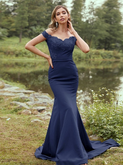 Sheath/Column Stretch Crepe Applique Off-the-Shoulder Sleeveless Sweep/Brush Train Bridesmaid Dresses