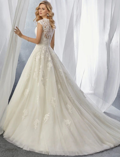 Engagement Formal Wedding Dresses Ball Gown Sweetheart Cap Sleeve Court Train Lace Bridal Gowns With Appliques