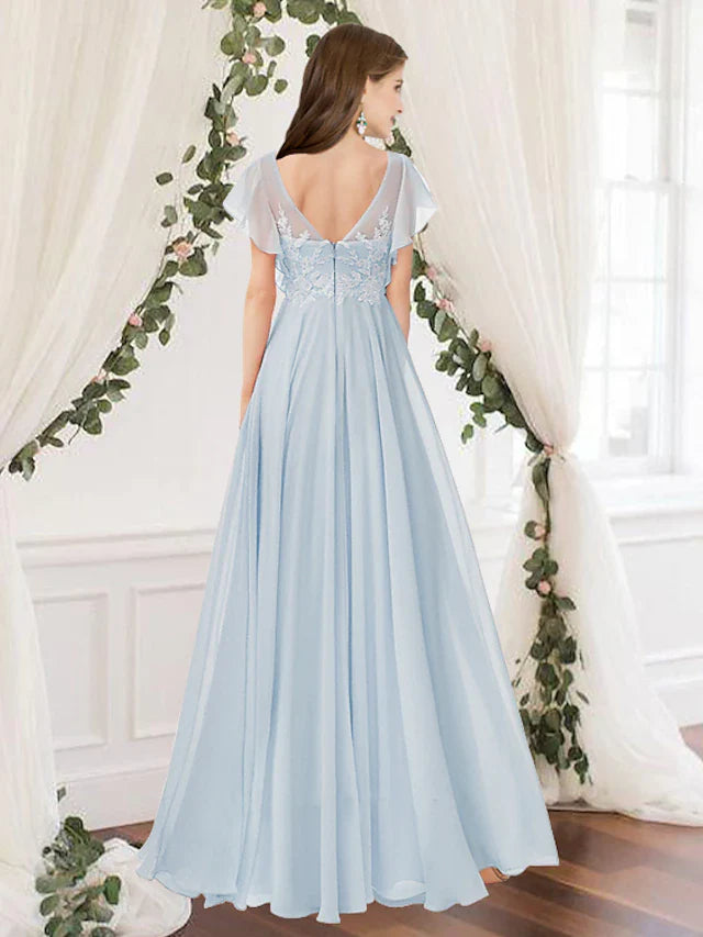 A-Line Bridesmaid Dress Scoop Neck Sleeveless Elegant Floor Length Chiffon with Pleats / Appliques