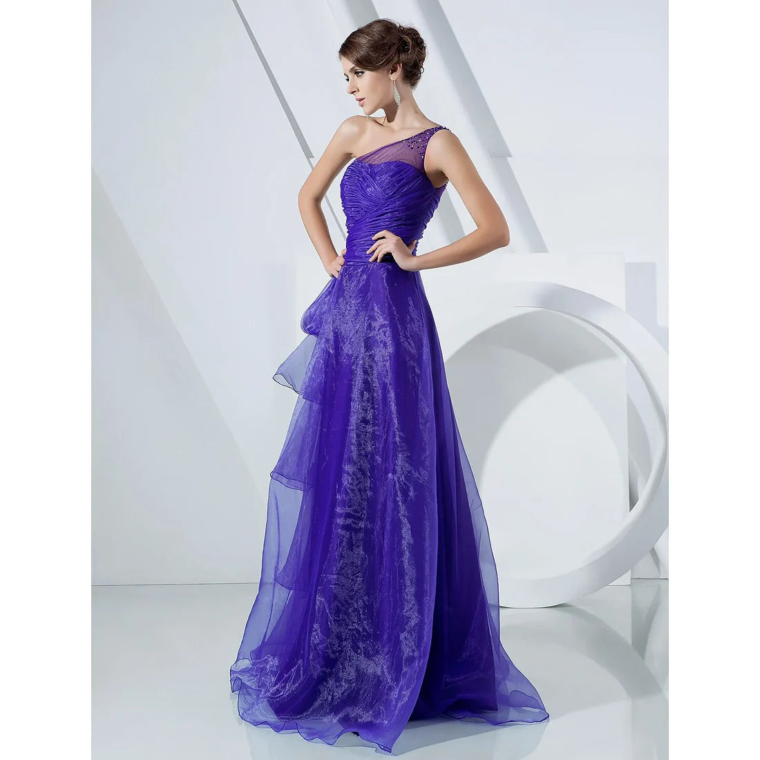 Evening Floor Length Sleeveless One Shoulder Organza with Side Draping Cascading Ruffles
