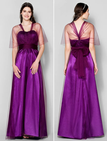 A-Line Bridesmaid Dress Straps Sleeveless Convertible Dress Floor Length Tulle with Ruched / Side Draping