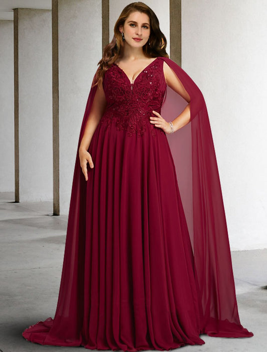 A-Line Mother of the Bride Dress Elegant Plus Size V Neck Sweep / Brush Train Chiffon Lace Sleeveless Cap Sleeve No with Pleats Beading Appliques