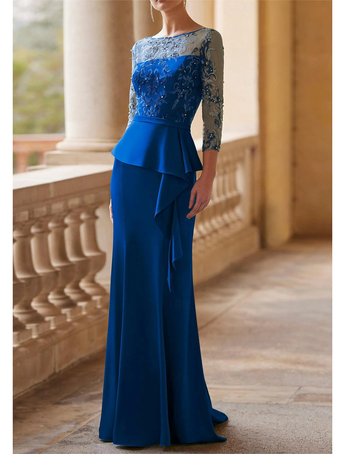 Mother of the Bride Dress Wedding Guest Illusion Neck Floor Length Lace Stretch Fabric 3/4 Length Sleeve with Sash / Ribbon Ruched Beading