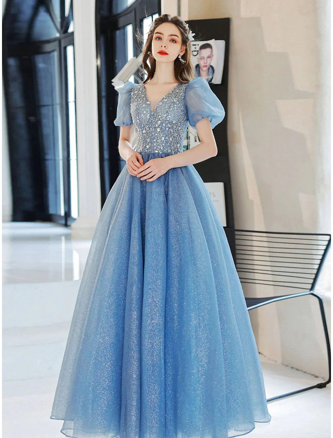 Ball Gown A-Line Evening Gown Floral Dress Prom Floor Length Short Sleeve V Neck Tulle with Glitter Beading Sequin