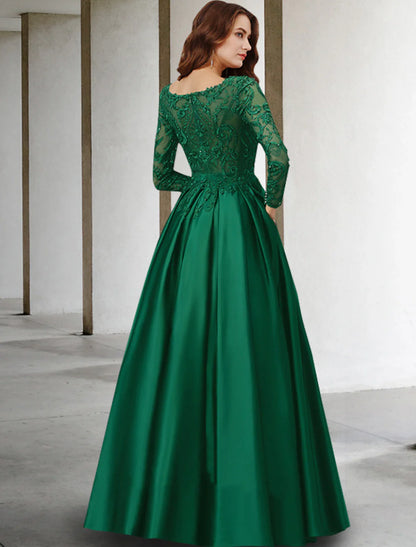 A-Line Mother of the Bride Dress Luxurious Elegant V Neck Floor Length Chiffon Lace Long Sleeve with Pleats Appliques