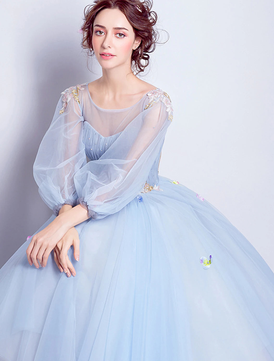 Ball Gown Prom Dresses Elegant Dress Quinceanera Floor Length 3/4 Length Sleeve Illusion Neck Tulle with Pleats Appliques