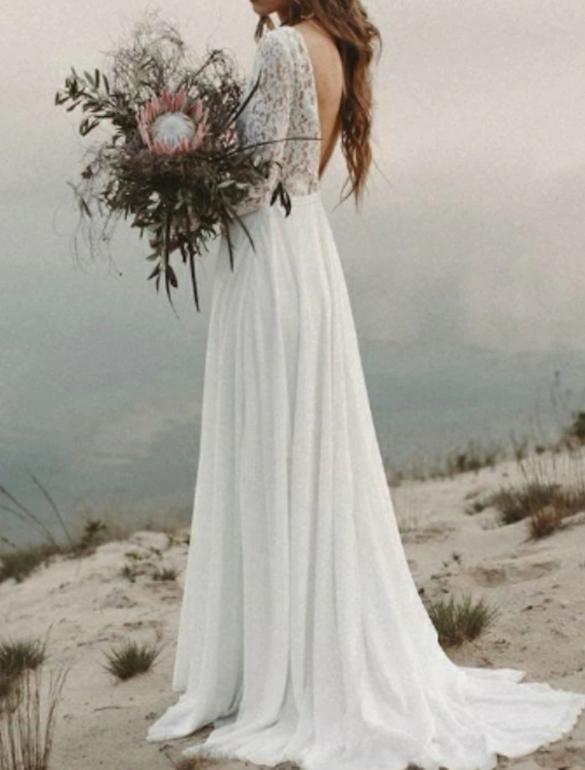Beach Boho Wedding Dresses A-Line V Neck Long Sleeve Sweep / Brush Train Chiffon Bridal Gowns With