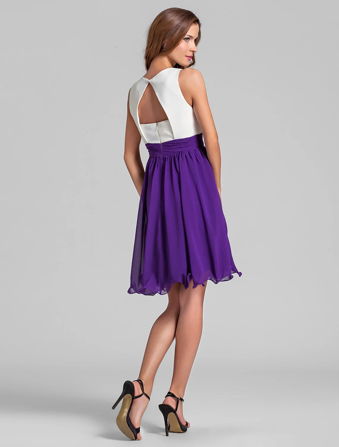 A-Line Jewel Neck Short / Mini Chiffon Bridesmaid Dress with Criss Cross / Ruched