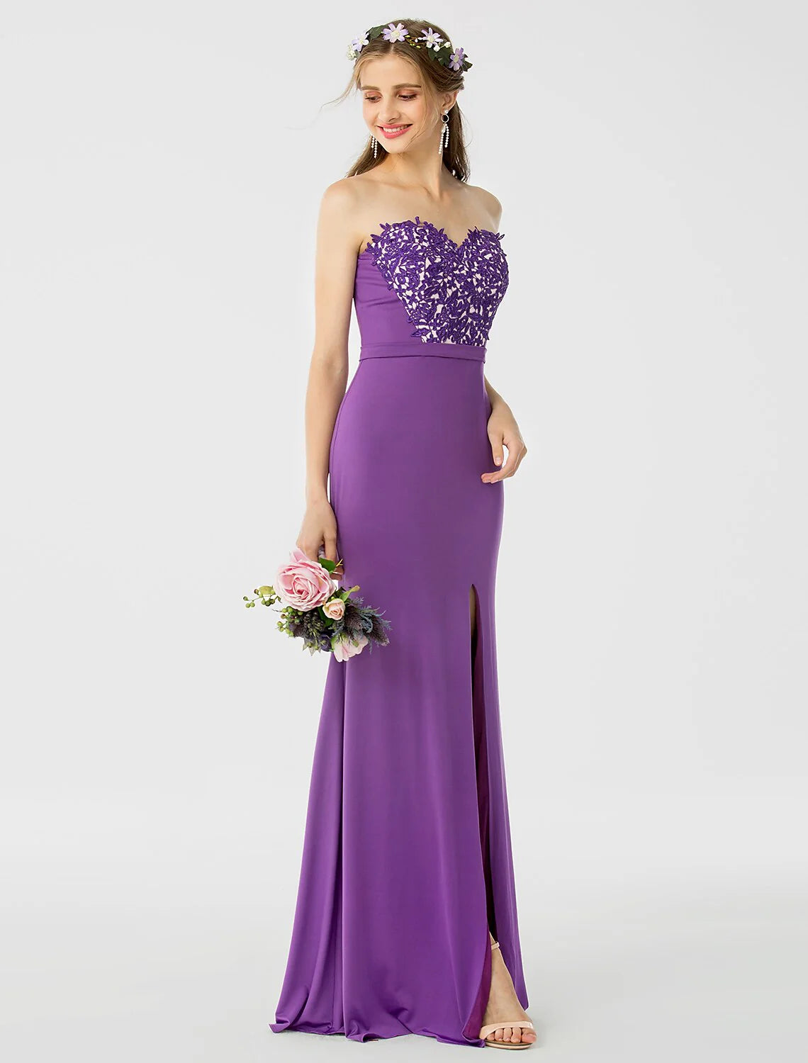 Sheath / Column Bridesmaid Dress Sweetheart Sleeveless Open Back Floor Length Jersey / Floral Lace with Sash /  Appliques / Split Front