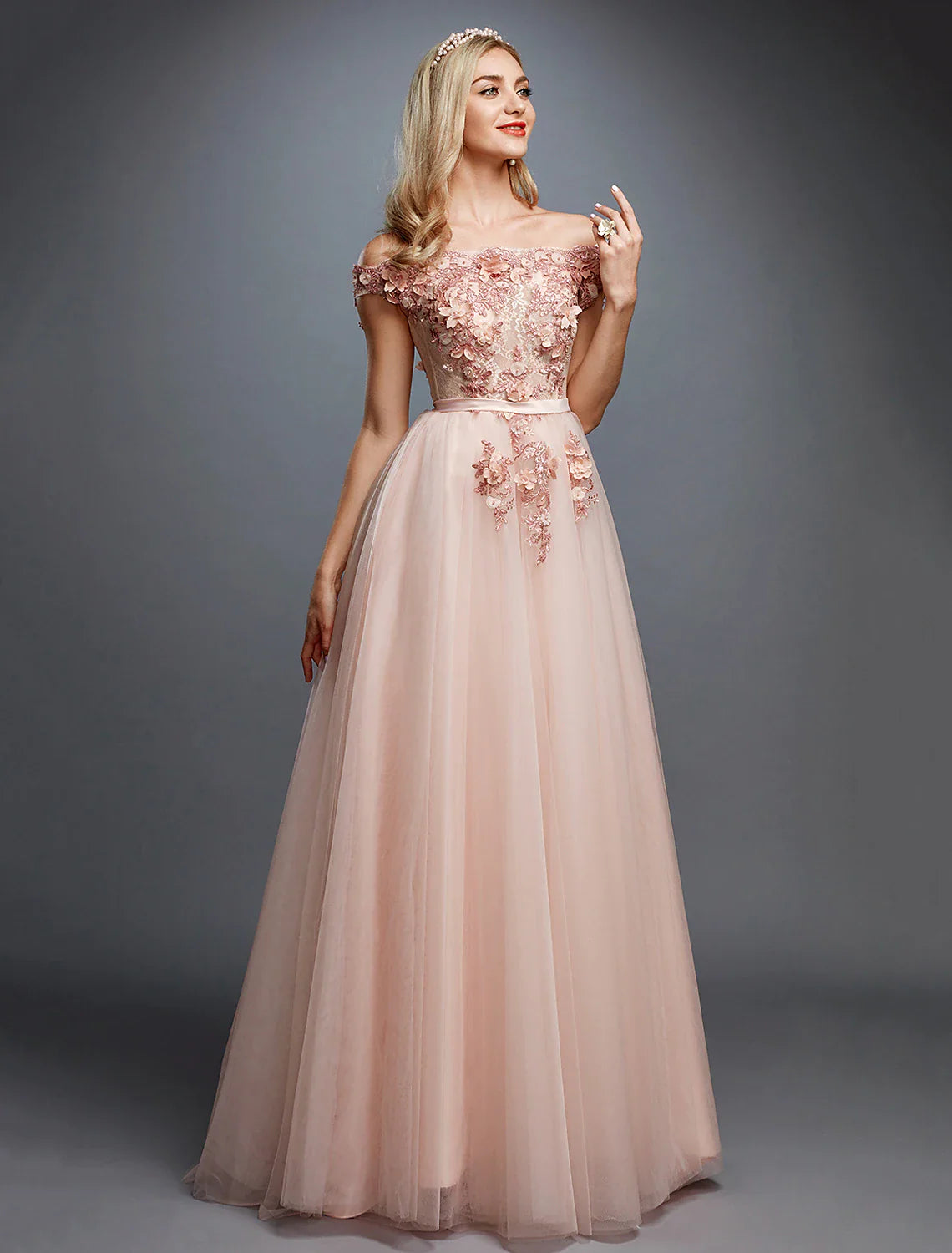 A-Line Floral Dress Wedding Guest Sweep / Brush Train Sleeveless Off Shoulder Tulle Over Lace with Appliques Beautiful