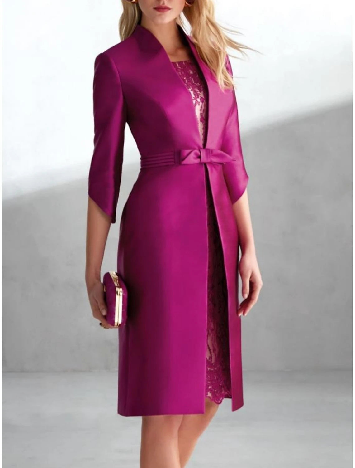 A Line Petite Scoop Neck Knee Length Two Pieces Wedding Guest Party Dress Satin Lace 3/4 Length Sleeve  Mother of the Bride Dress with Bow(s) Ruching