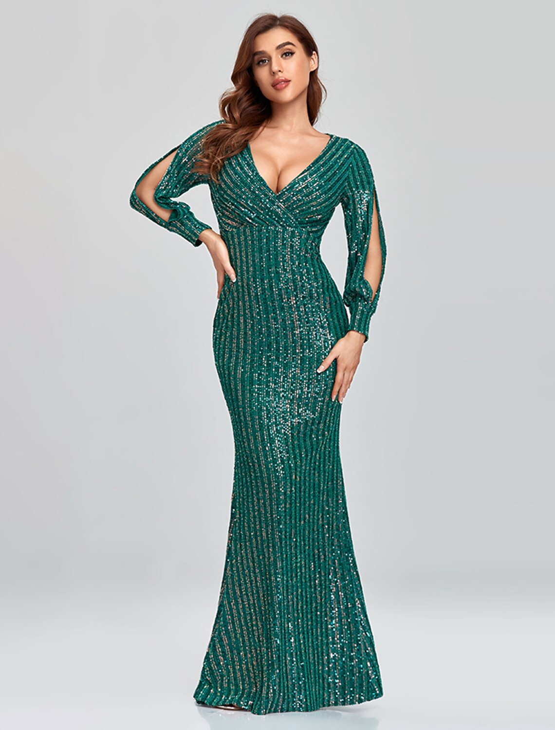 Mermaid / Trumpet Evening Gown Sparkle Dress Party Dress Wedding Guest Floor Length Long Sleeve V Neck Sequined with Sequin