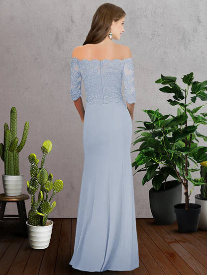 A-Line Bridesmaid Dress Off Shoulder Half Sleeve Elegant Floor Length Chiffon Lace with Appliques