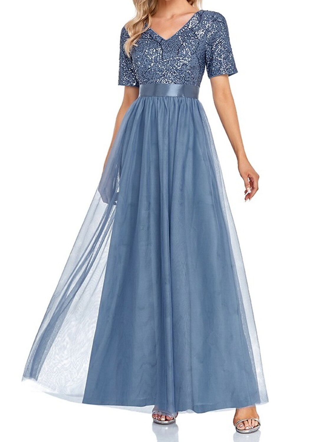 A-Line Evening Gown Elegant Dress Wedding Guest Prom Floor Length Short Sleeve V Neck Bridesmaid Dress Tulle with Sequin Splicing