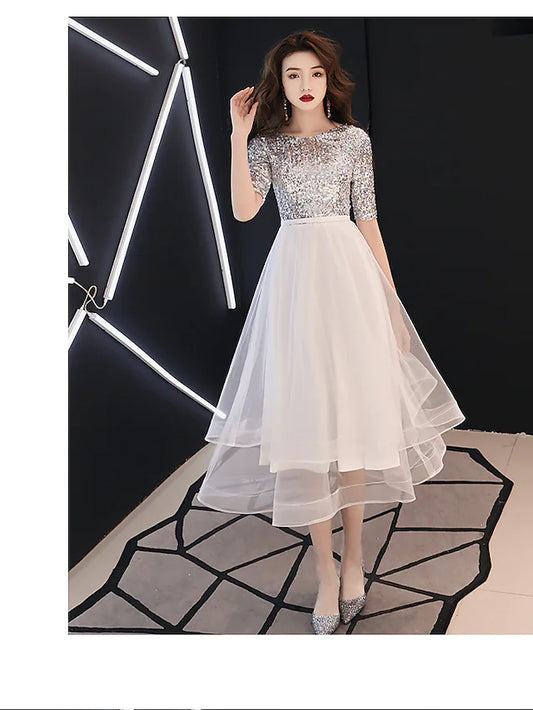 A-Line Sparkle White Cocktail Party Prom Dress Jewel Neck Half Sleeve Tea Length Satin with Sequin Tier