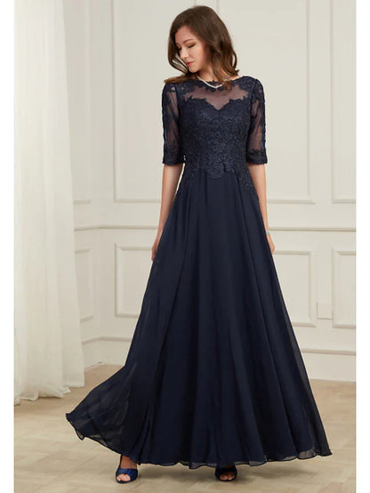 A-Line Elegant Wedding Guest Formal Evening Dress Jewel Neck Half Sleeve Floor Length Tulle with Appliques