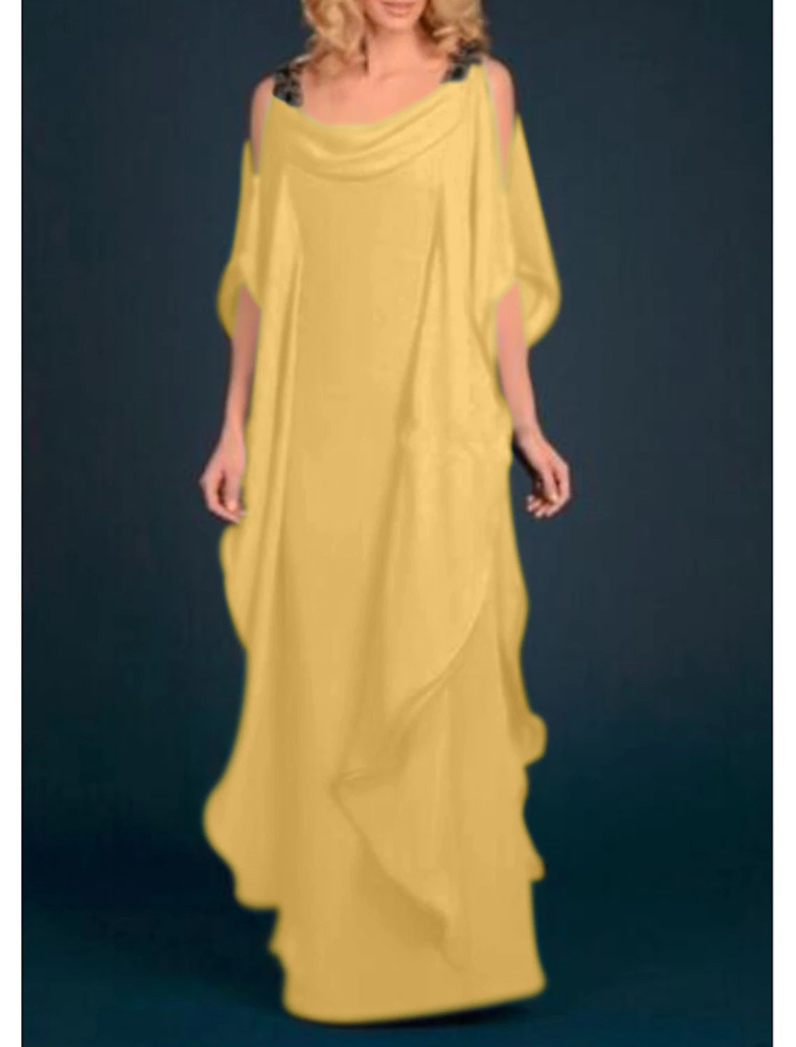 Plus Size Scoop Neck Floor Length Wedding Guest Party Dress Chiffon Half Sleeve Mother of the Bride Dress with Appliques