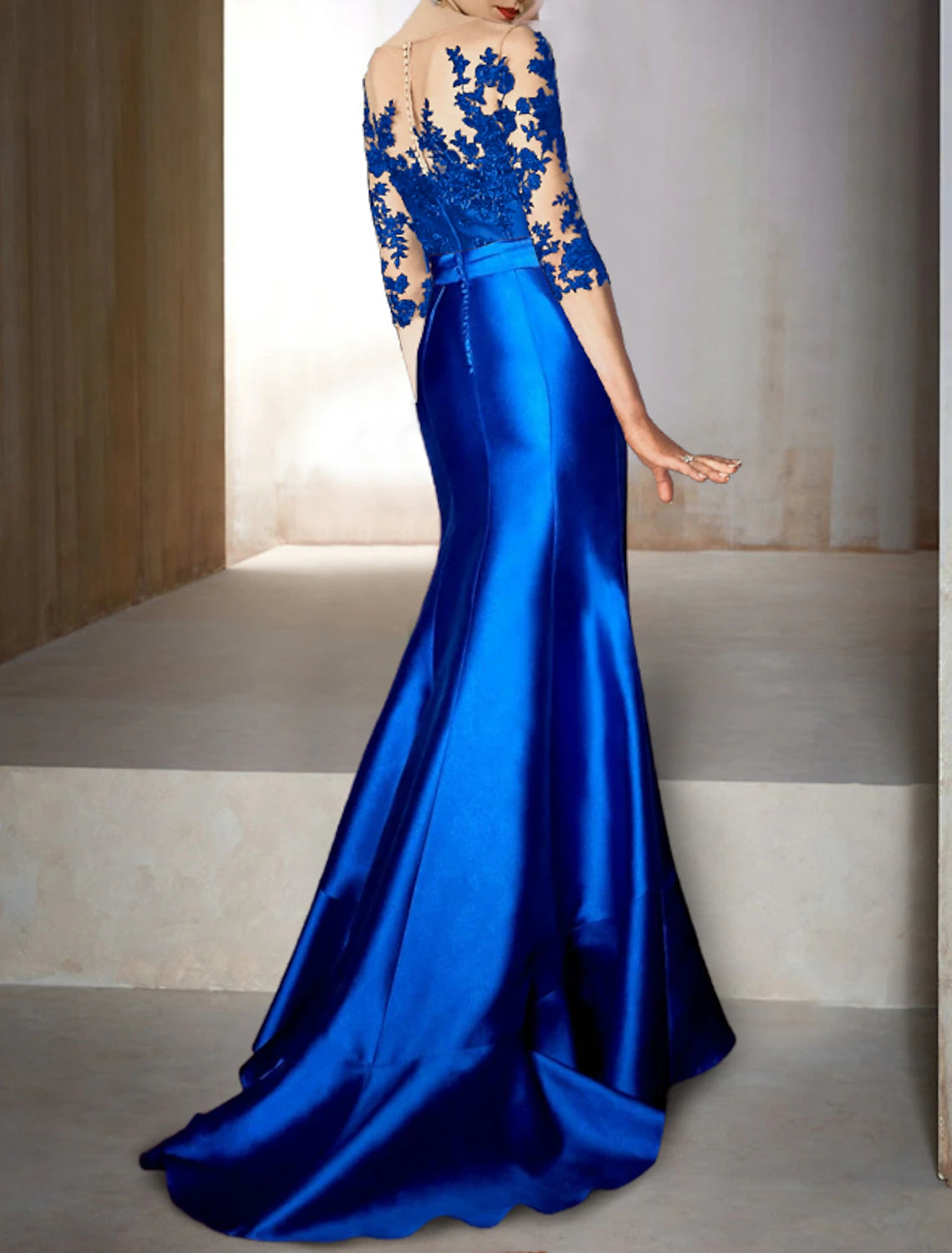 Mermaid / Trumpet Evening Gown Wedding Guest Fall Asymmetrical Half Sleeve Jewel Neck Satin with Bow(s) Appliques