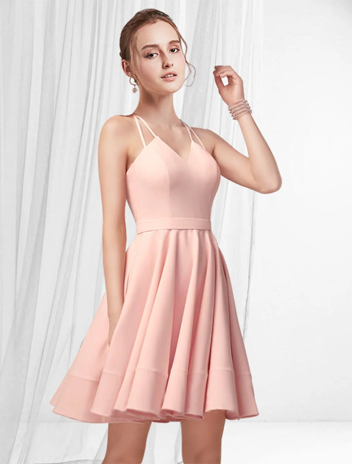 A-Line Cocktail Dresses Reformation Amante Dress Homecoming Short / Mini Sleeveless Spaghetti Strap Pink Dress Satin with Pleats