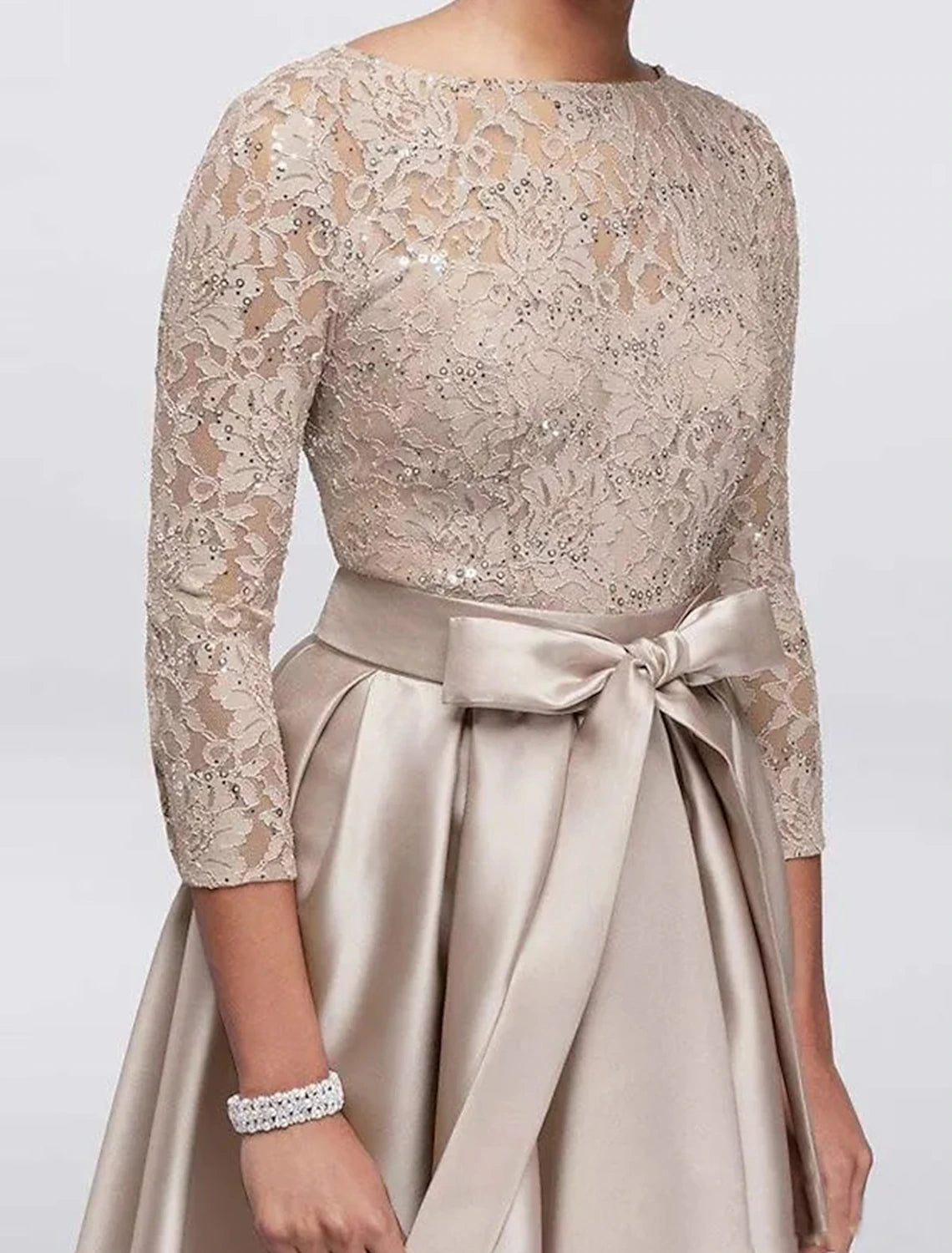 A-Line Wedding Guest Dress Plus Size Satin Lace 3/4 Length Sleeve Mother of the Bride Dress High Low Jewel Neck Asymmetrical Dress  with Sash / Ribbon Appliques