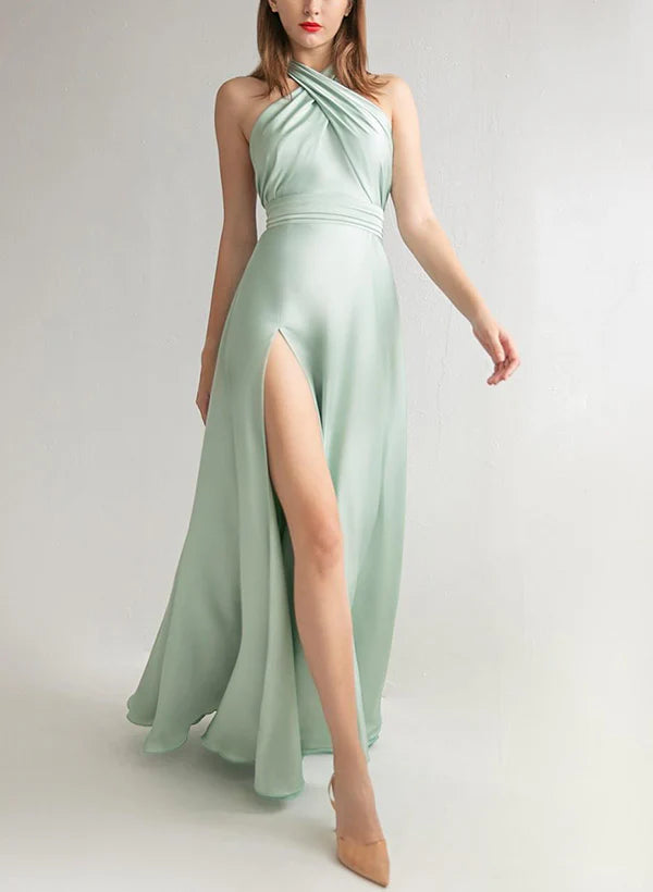 A-Line Halter Criss Cross Floor-Length Long Bridesmaid Dresses With Slit