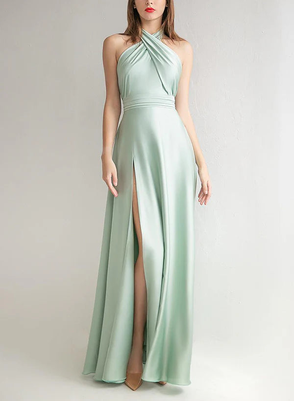 A-Line Halter Criss Cross Floor-Length Long Bridesmaid Dresses With Slit