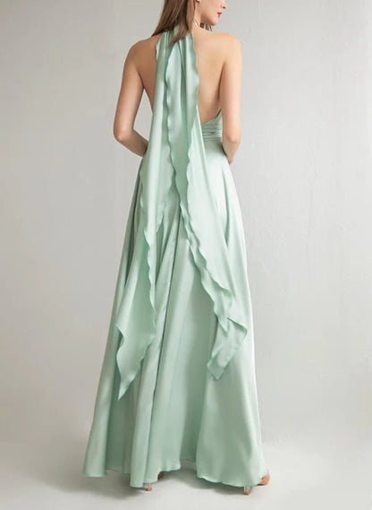 A-Line Halter Criss Cross Floor-Length Long Bridesmaid Dresses With Slit