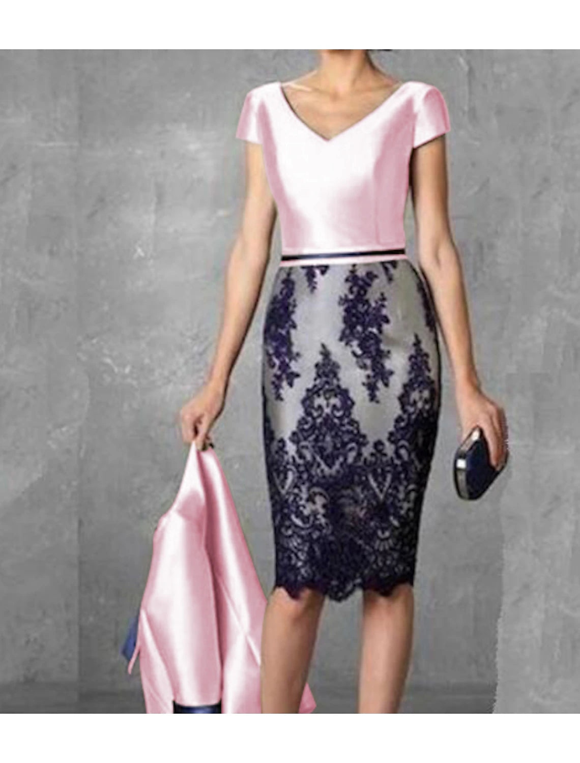 Mother of the Bride Dress Plus Size Sheath / Column  V Neck Knee Length Two Pieces Wedding Guest Party Dress Satin Lace 3/4 Length Sleeve Jacket Dresses