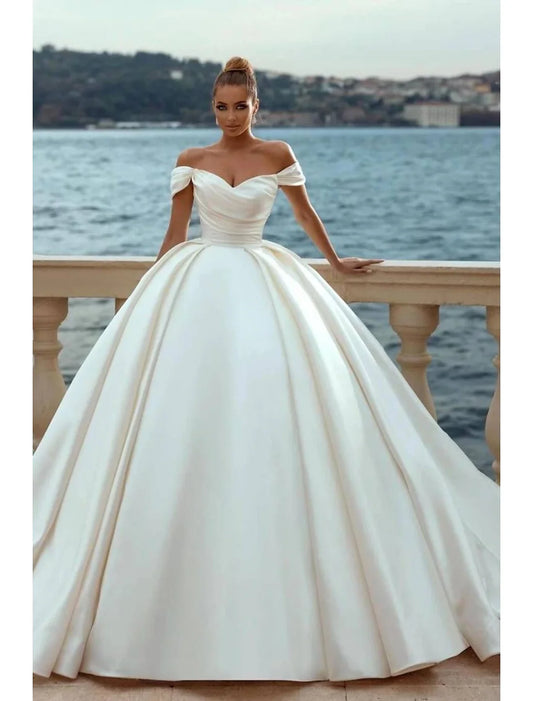 Charming Ivory Color Engagement Formal Wedding Dresses Ball Gown Off Shoulder Cap Sleeve Court Train Satin Bridal Gowns With Ruched Solid Color