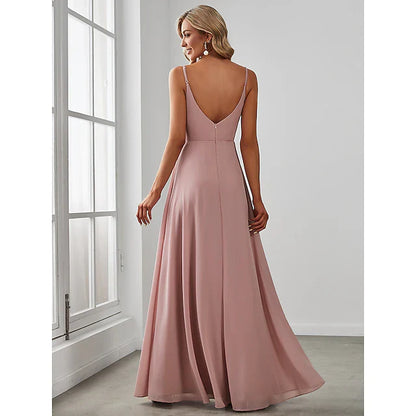 A-Line Bridesmaid Dress V Neck Sleeveless Elegant Floor Length Chiffon with Draping / Solid Color