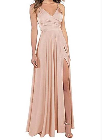 A-Line Wedding Guest Prom Floor Length Sleeveless Spaghetti Strap Bridesmaid Dress Satin with Slit